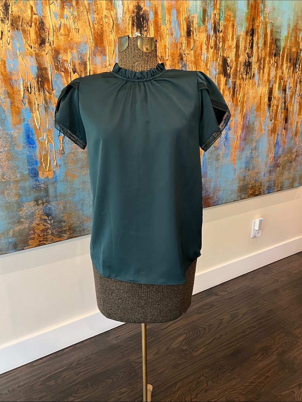 J.Crew Dark Green Ruffle Neck Lace Trim Blouse Top XXS